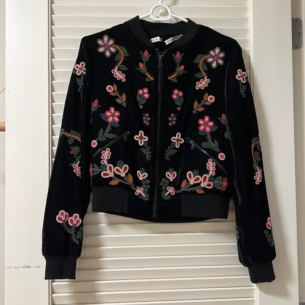 Alice Olivia heavily beaded velvet bomber jacket